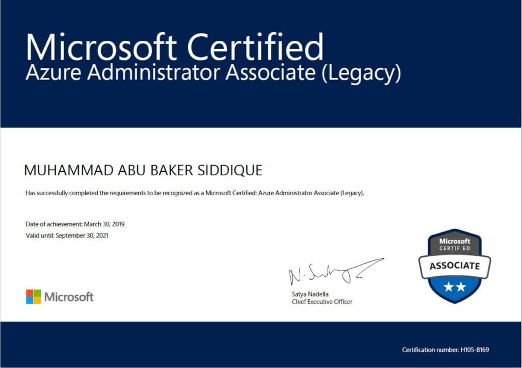 Microsoft Certified Azure Administrator Legacy Certificate - Muhammad Abu Baker Siddique